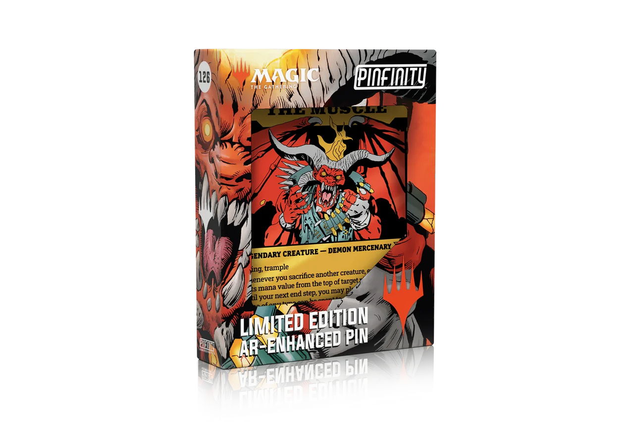 Box containing Rakdos, The Muscle AR Pin—Magic: The Gathering, with demon artwork on packaging.
