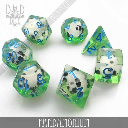 Pandamonium green resin dice set with blue numbers and a small panda figurine inside each die.