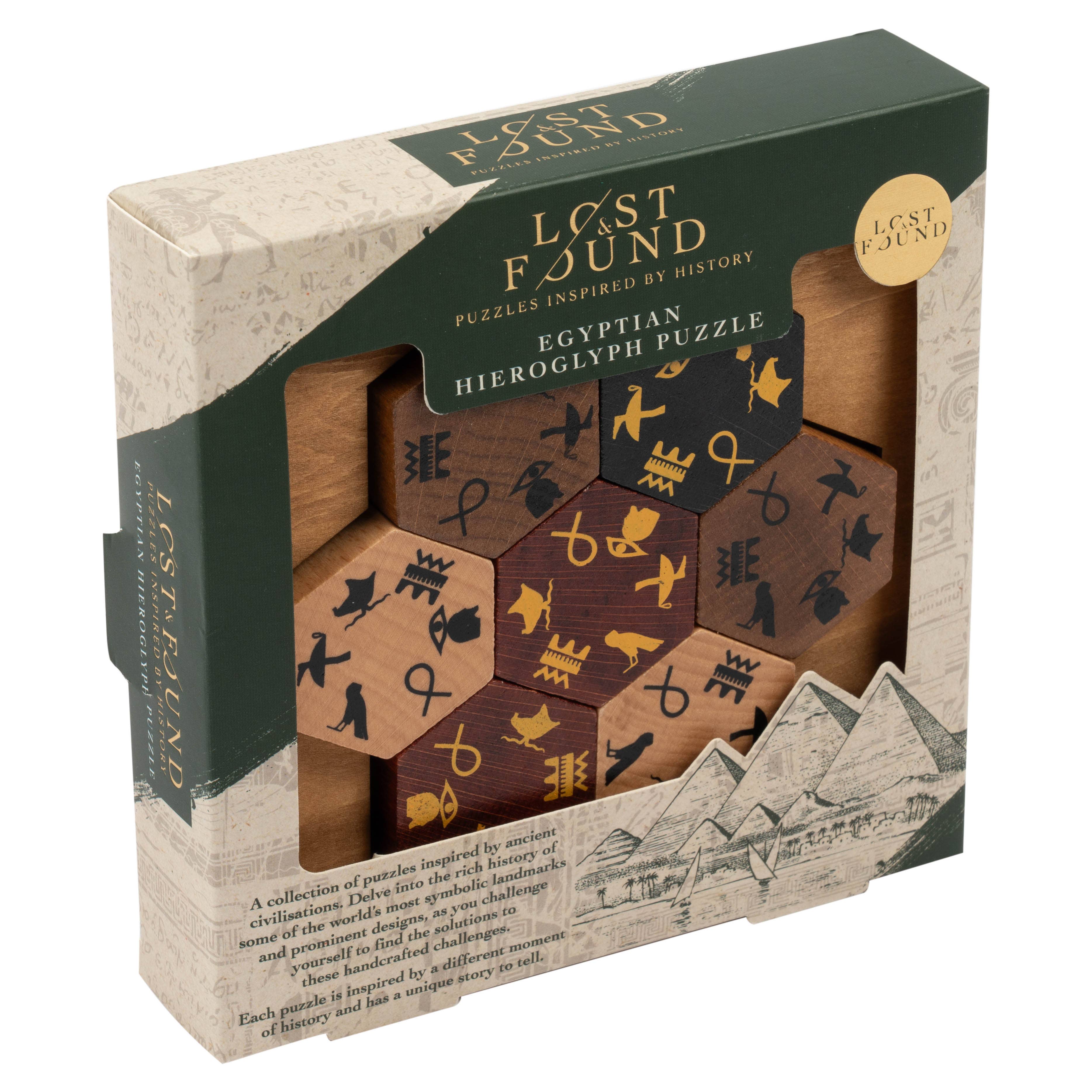 Egyptian hieroglyph puzzle with hexagonal wooden tiles featuring black hieroglyphs, in a box.