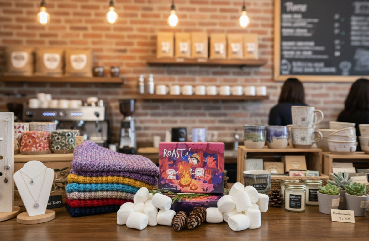 Assorted mugs, knit items, and the board game “Roast: A Game of Sinister Sweetness and Cozy Betrayal” on a counter.