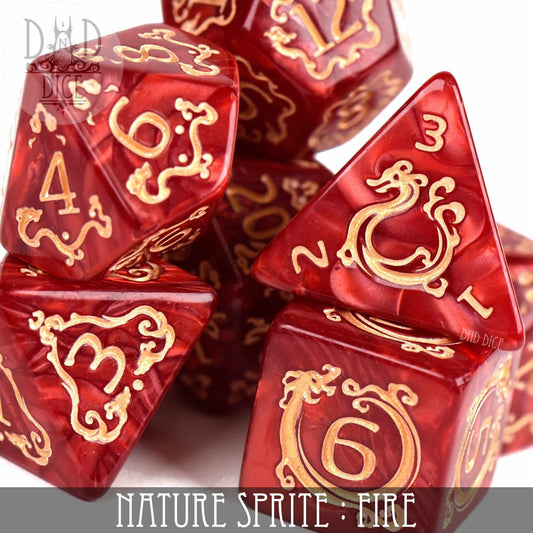 Red acrylic 7-dice set, Nature Sprite: Fire, with gold numbers and dragon designs.
