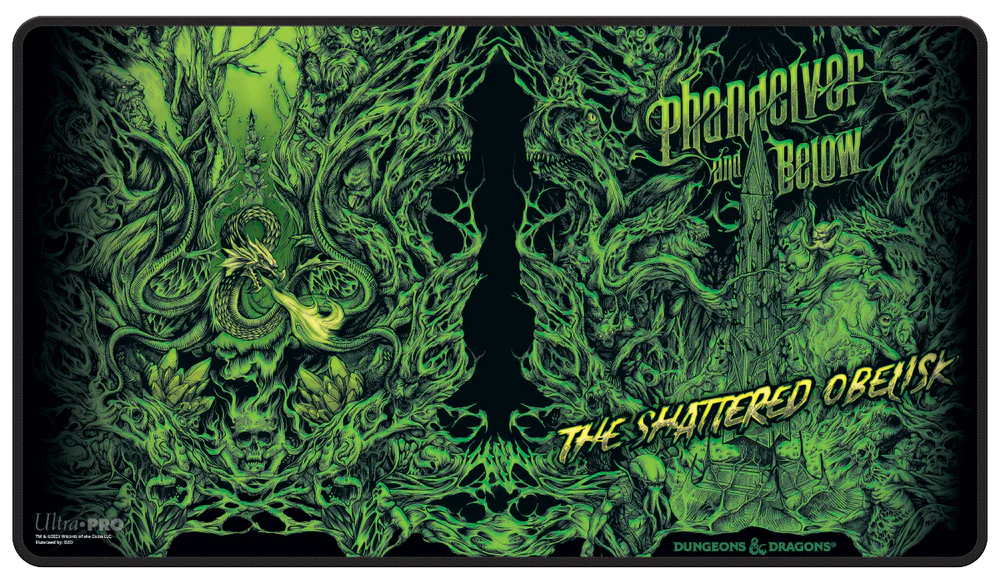 Phandelver and Below The Shattered Obelisk playmat with black stitched edges, skull, and twisted trees fantasy art.