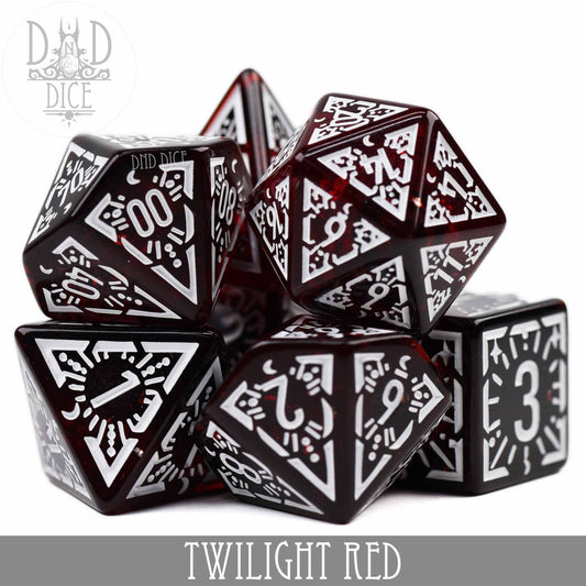 Twilight Red 7-dice set with white markings on a white background.