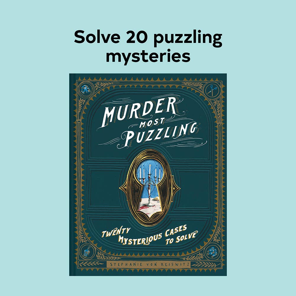 Murder Most Puzzling book cover featuring a mirror, candelabras, and text about 20 detective mysteries.