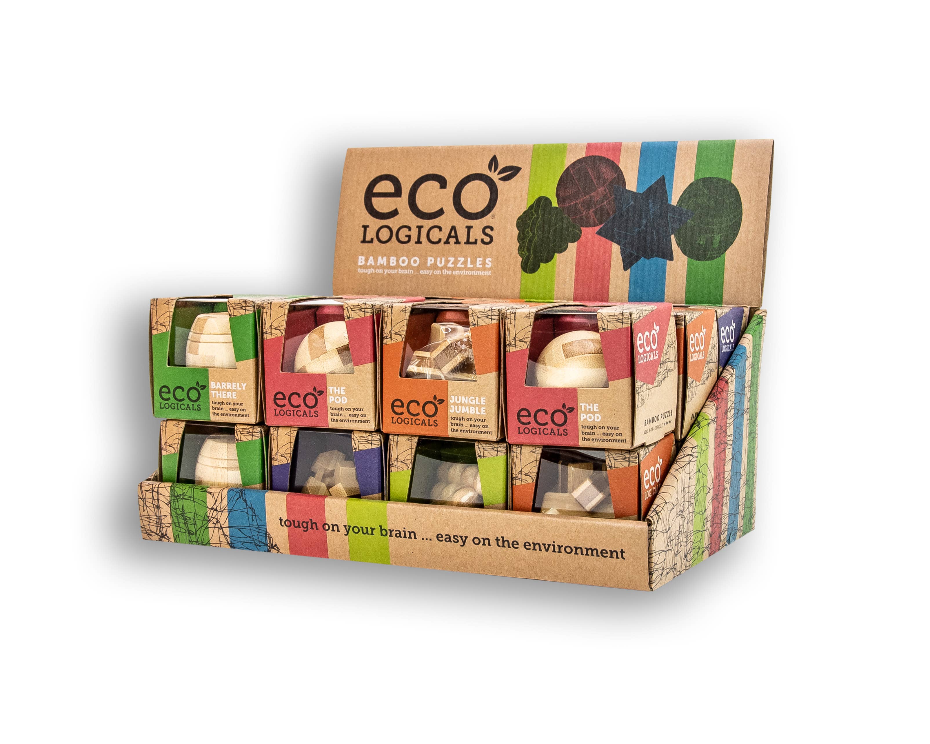 24-piece Mini Ecological Display featuring eco puzzles and bamboo brainteasers in assorted packaging.