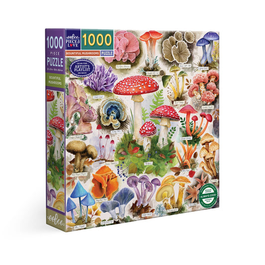 The Bountiful Mushrooms 1000 Piece Puzzle with watercolor mushroom illustrations on a white background.