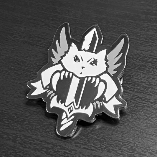Barbarian Enamel Pin featuring a black and white winged cat holding a sword.