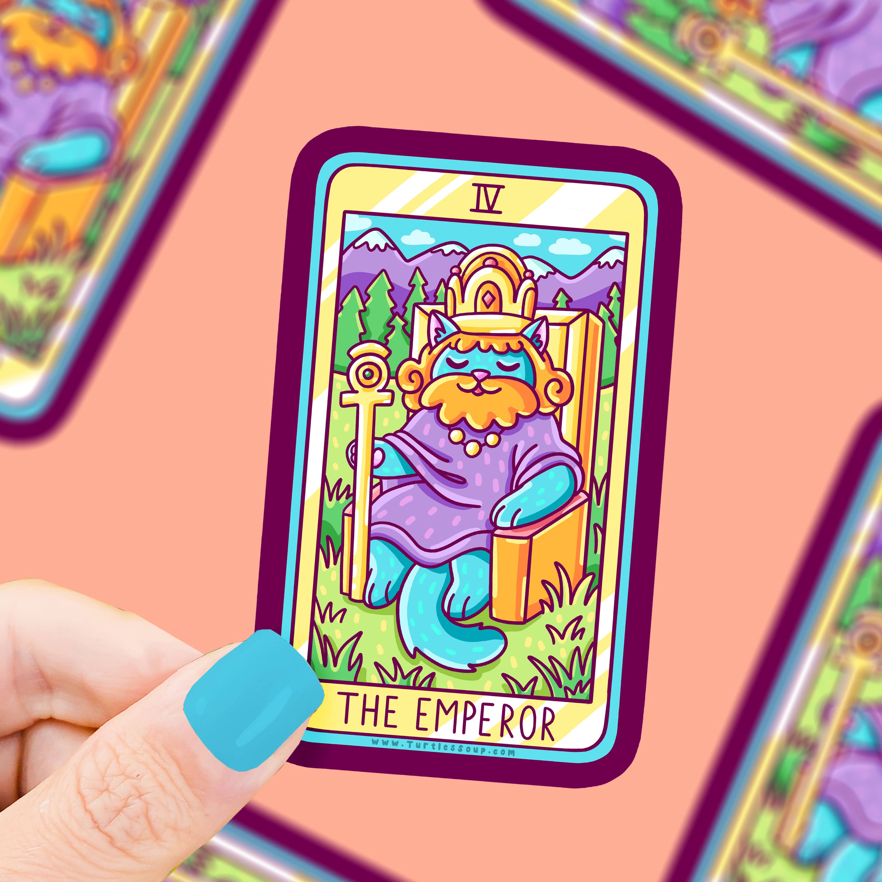 The Emperor Kitty Cat Major Arcana Tarot Card Vinyl Sticker held in a hand, featuring a regal cat on a throne.