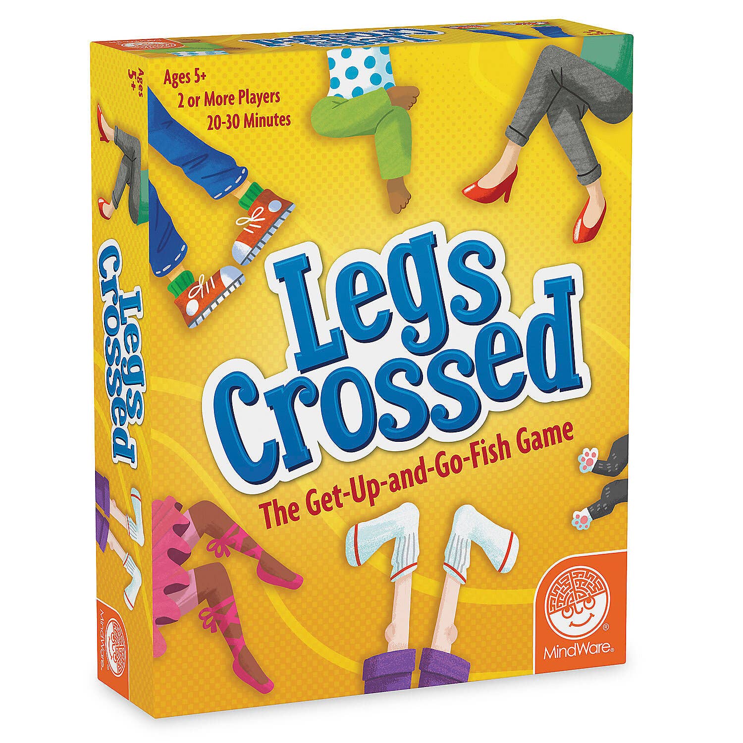 Legs Crossed board game in a bright yellow box with cartoon legs in various poses on the packaging.