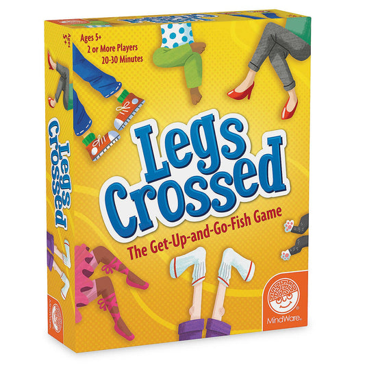 Legs Crossed board game in a bright yellow box with cartoon legs in various poses on the packaging.