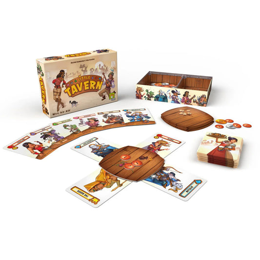 Little Tavern family game with cards, tokens, and a barrel-shaped game board.