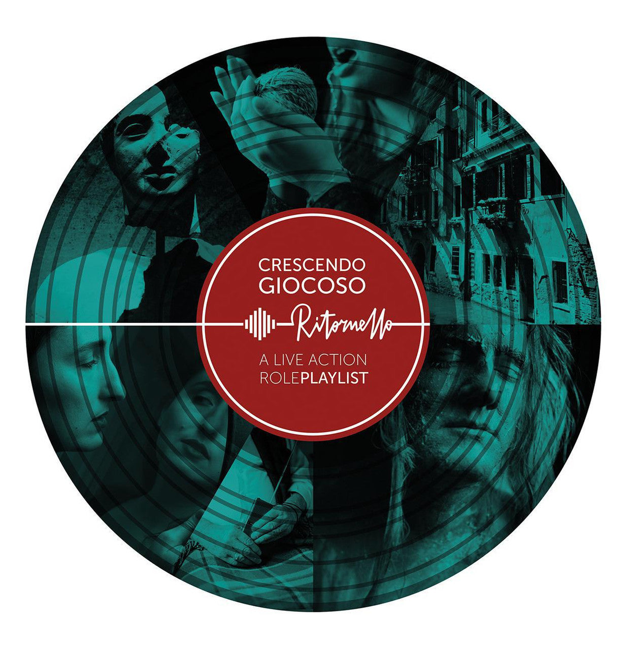 Crescendo Giocoso Ritornello DAMAGED edition with masked faces and city buildings in a circular collage.