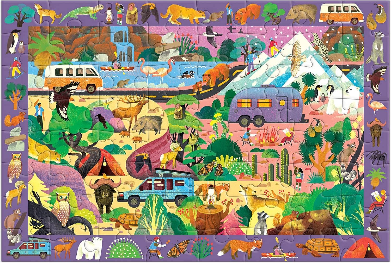 Great Outdoors 64-piece Search and Find Puzzle featuring animals, people, and vehicles in various natural settings.