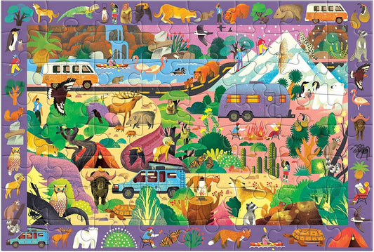 Great Outdoors 64-piece Search and Find Puzzle featuring animals, people, and vehicles in various natural settings.