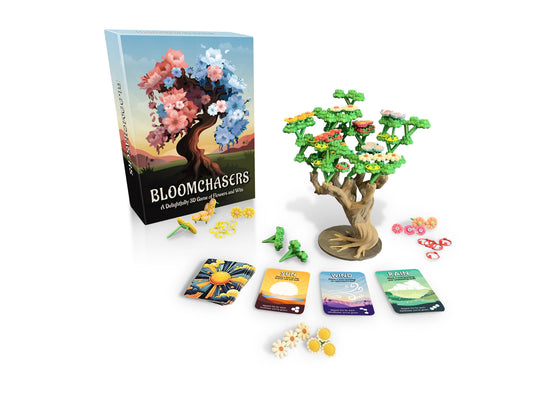 Bloomchasers board game with tree, cards, tokens, and blossom-themed box.