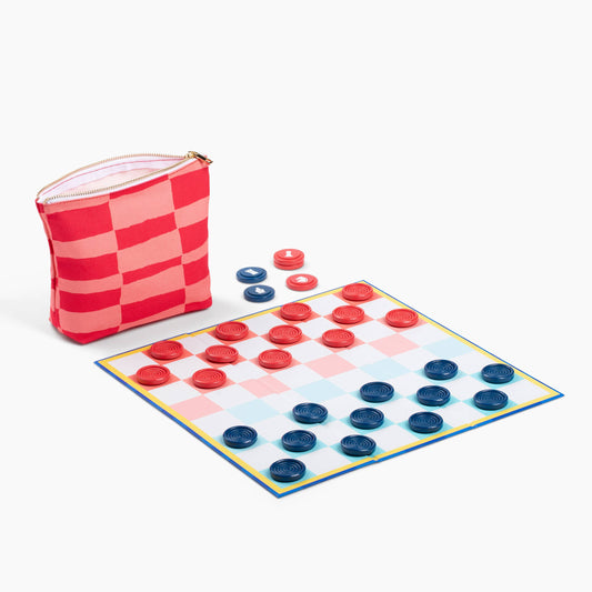 Canvas Classics Chess & Checkers set with game pieces on folding board and zippered canvas pouch.