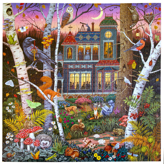 The Alchemists Forest 1000 Piece Puzzle with an autumn woodland, animals, and a Victorian house at dusk.