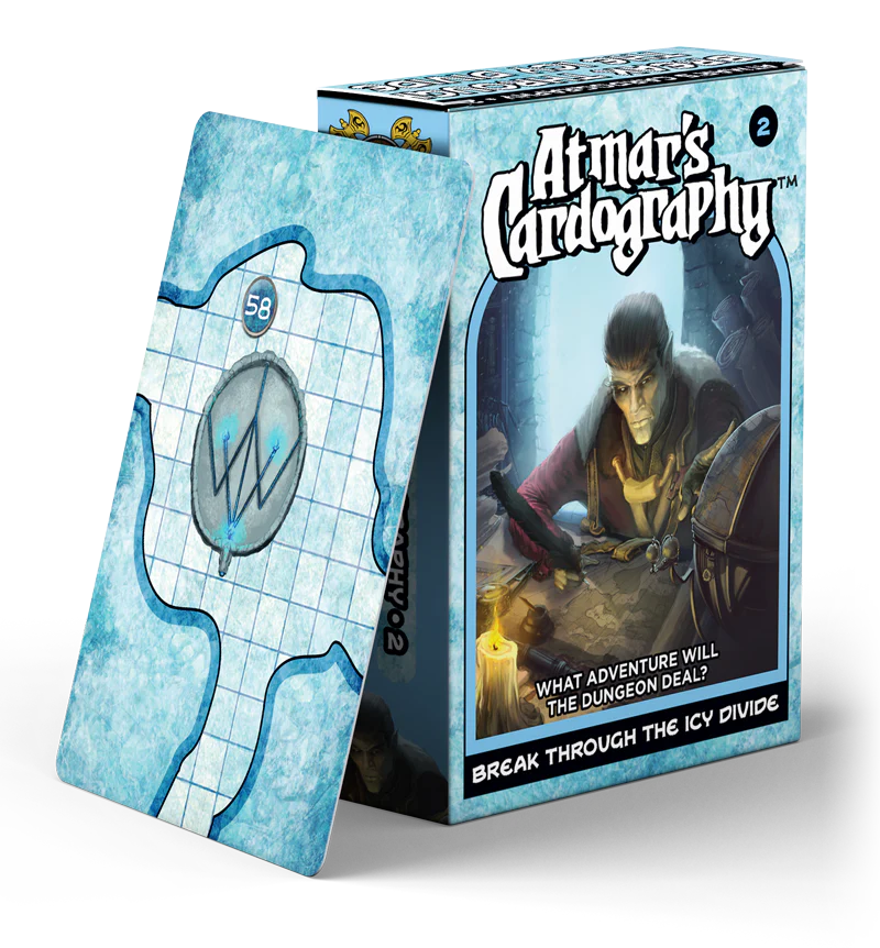 Cardography: Breakthrough the Icy Divide box with a dungeon card leaning against it.