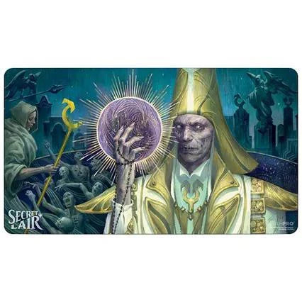 Mikaeus Unhallowed Secret Lair playmat by Livia Prima featuring a robed figure with a golden staff.