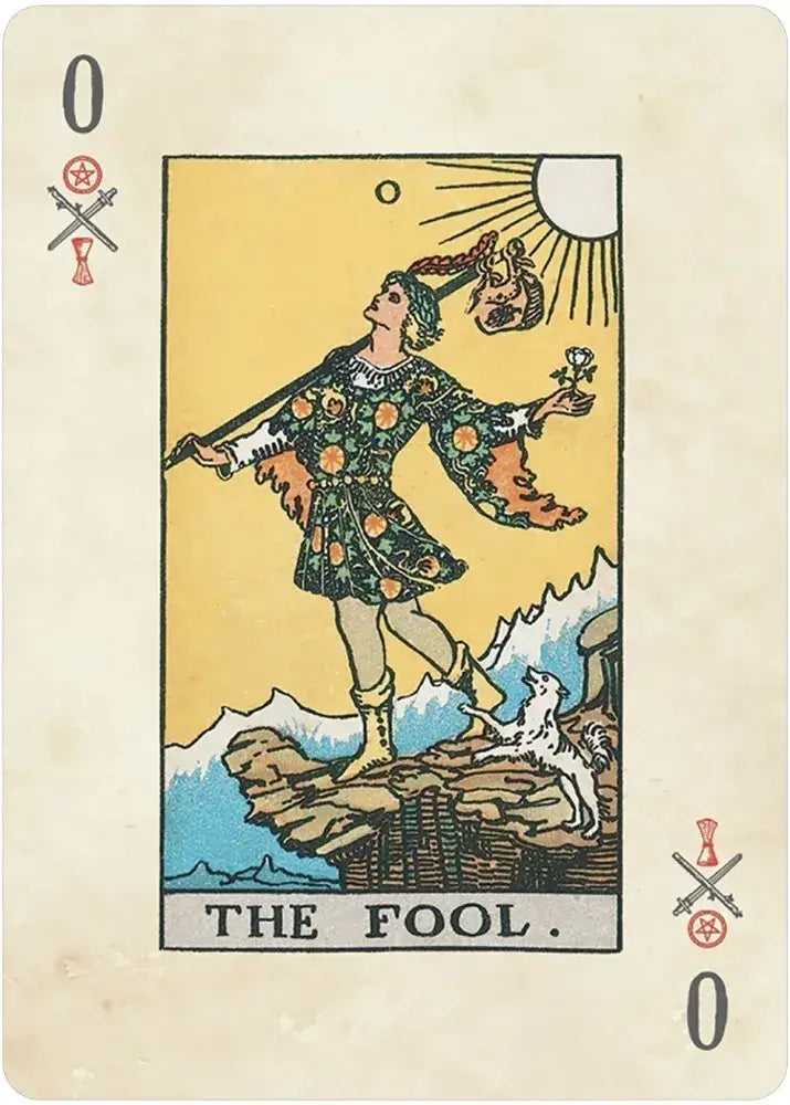 Rider-Waite™ Playing Card Deck showing The Fool, a figure on a cliff with a dog, bag, and flower.