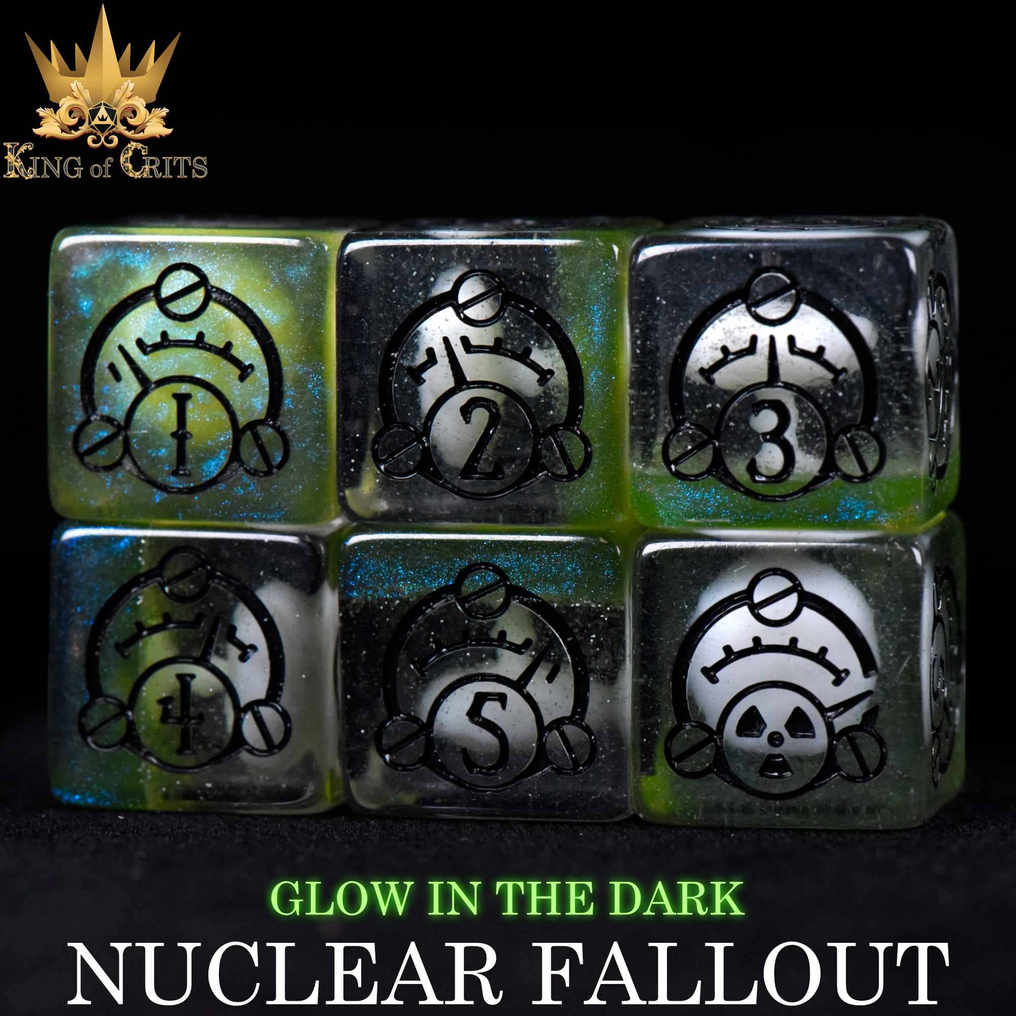 Glow in the dark 11-dice set with fallout symbols and text: King of Crits, Nuclear Fallout.