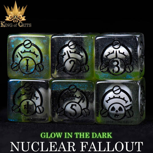 Glow in the dark 11-dice set with fallout symbols and text: King of Crits, Nuclear Fallout.