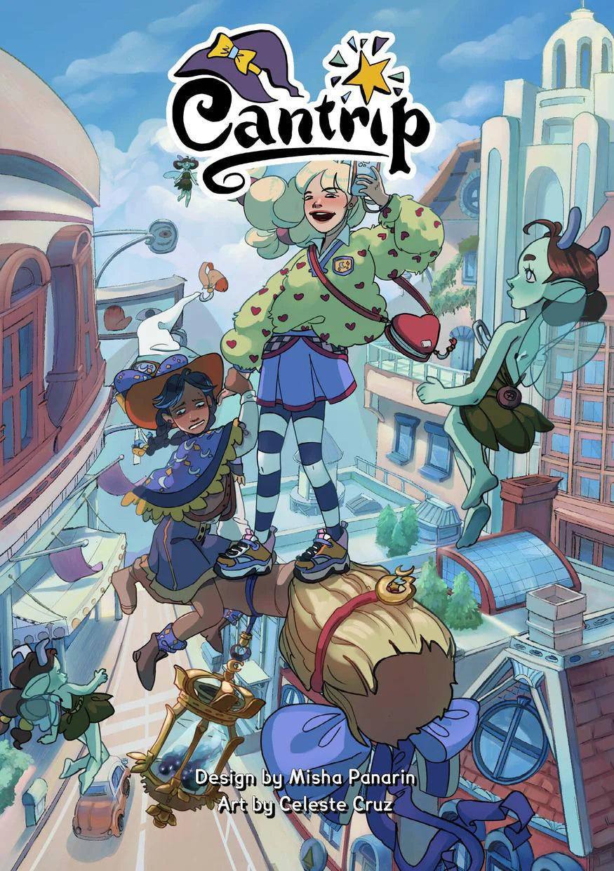 Cantrip tabletop RPG featuring four magical girls casting spells above a city street.