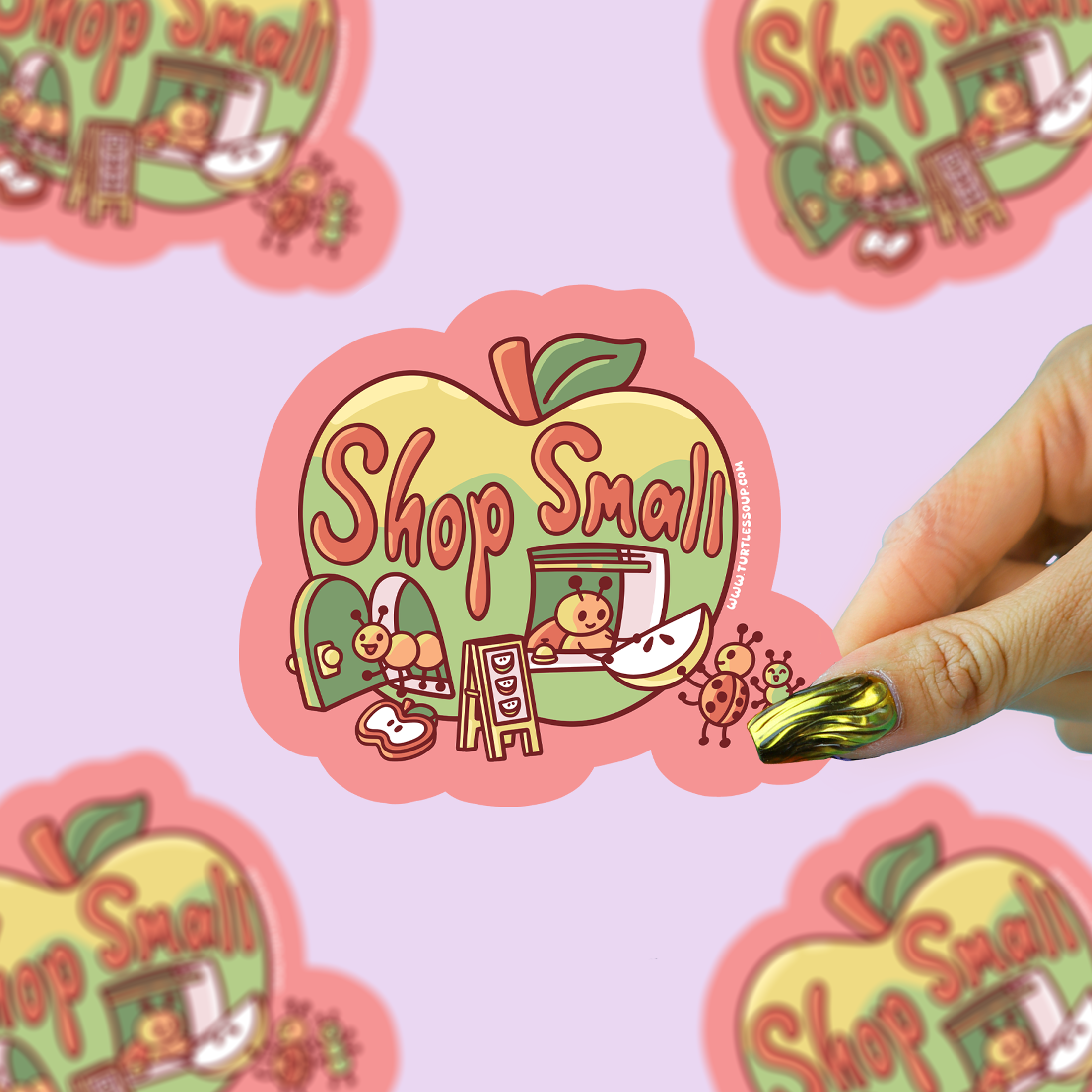 Shop Small Little Guys Vinyl Sticker featuring cute animals held in a hand against a pink background.