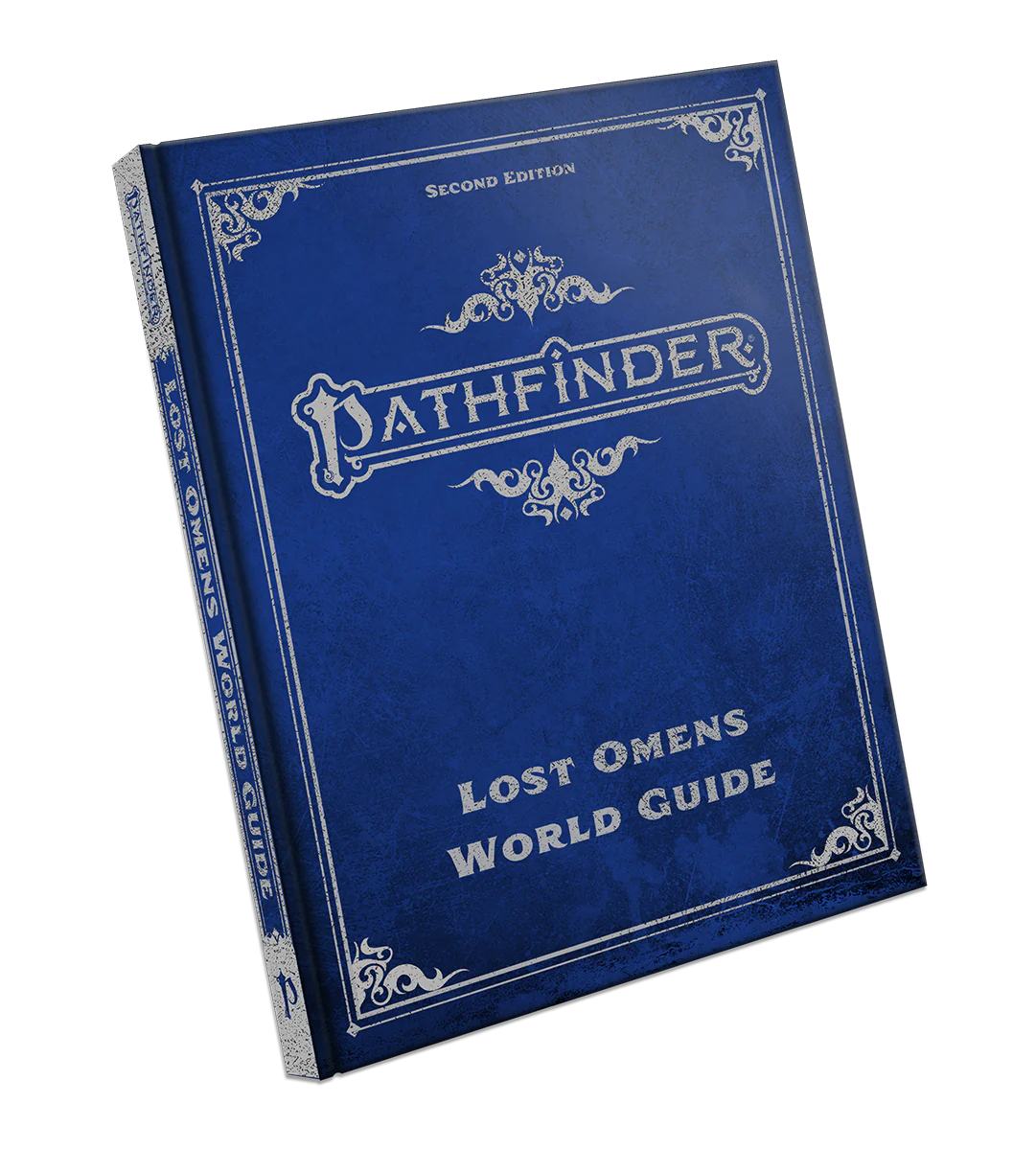 Pathfinder 2nd Edition Lost Omens World Guide Special Edition, blue hardcover with silver designs.