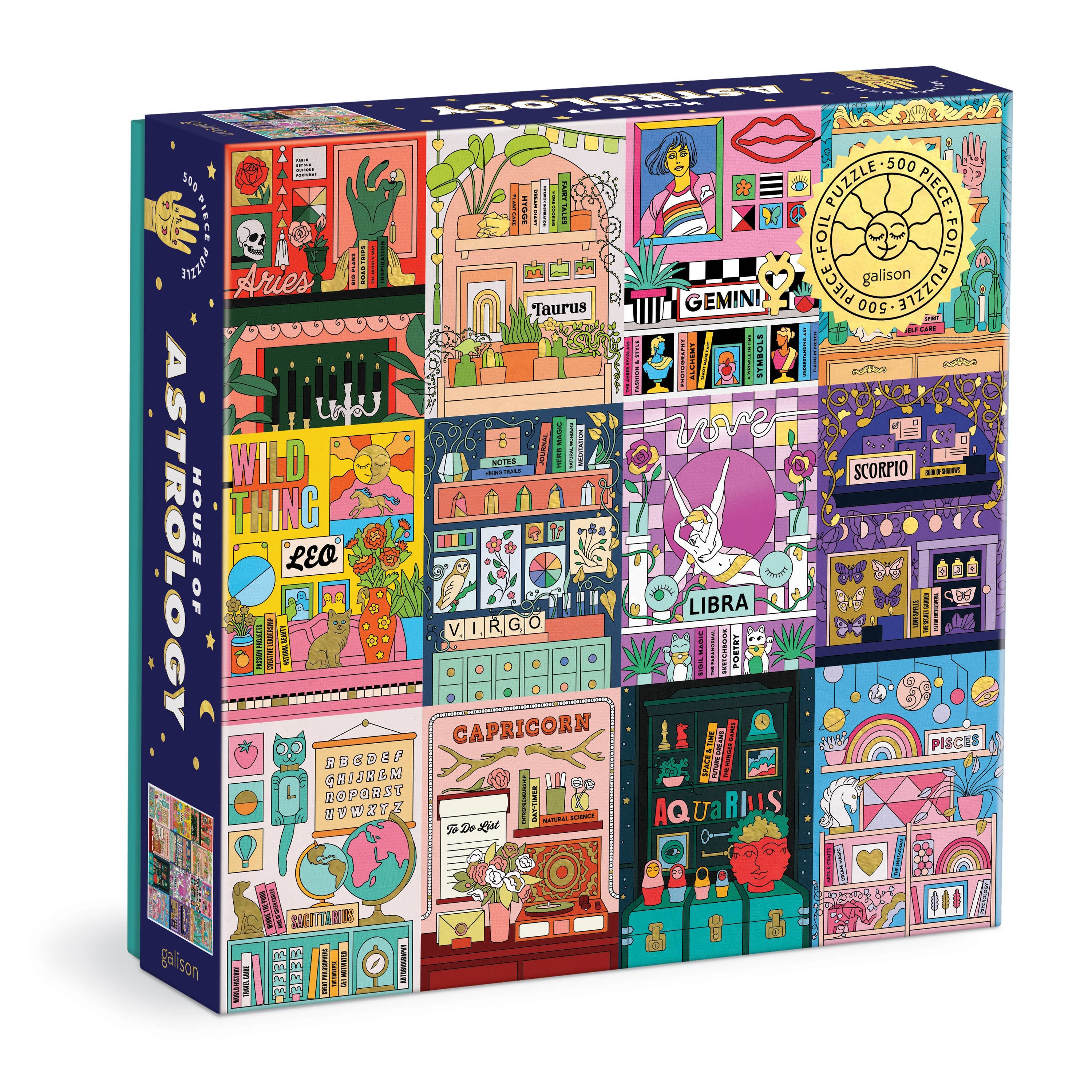 House of Astrology 500 Piece Foil Puzzle featuring zodiac art and gold foil accents in twelve sections.