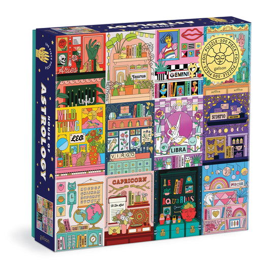 House of Astrology 500 Piece Foil Puzzle featuring zodiac art and gold foil accents in twelve sections.