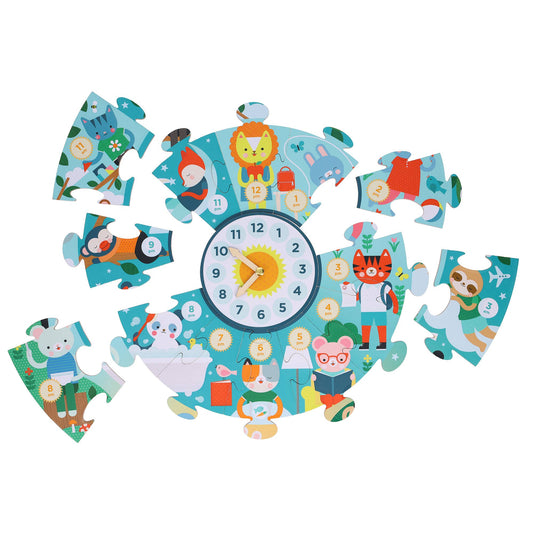 Telling the Time Floor Puzzle with numbered animal pieces arranged in a circle, some pieces separated from center.