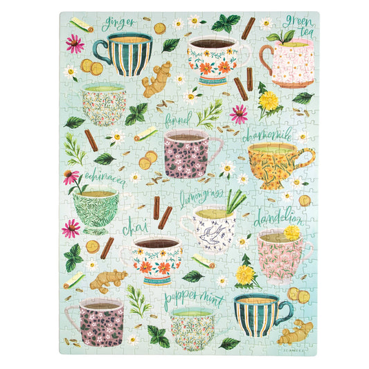 Tea Time 500 Piece Jigsaw Puzzle with colorful teacups and herbs design.