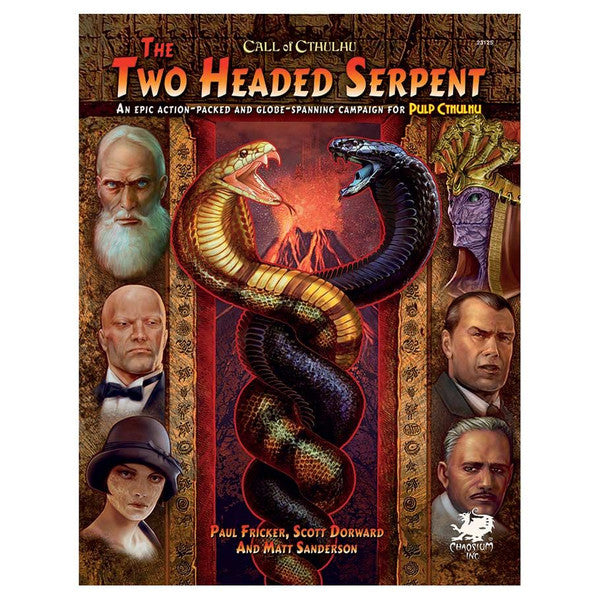 Call of Cthulhu 7E: Pulp—The Two-Headed Serpent cover featuring two snakes and several characters.