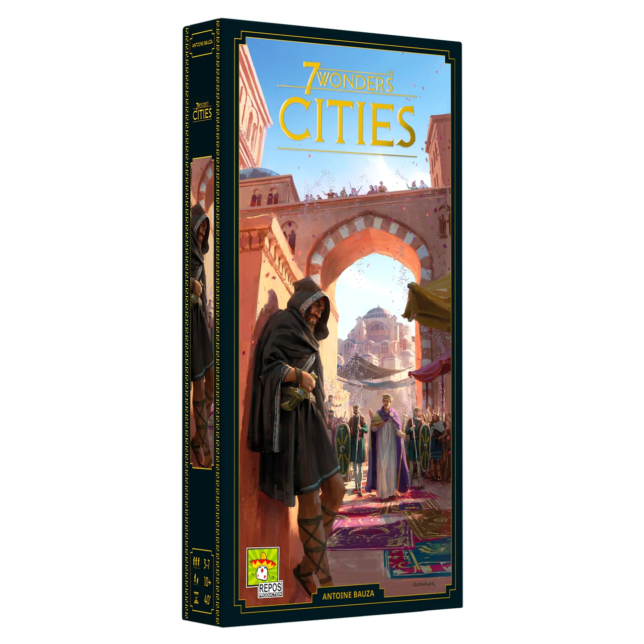 7 Wonders Cities board game, Cities expansion edition with hooded figure and city illustration on the box.