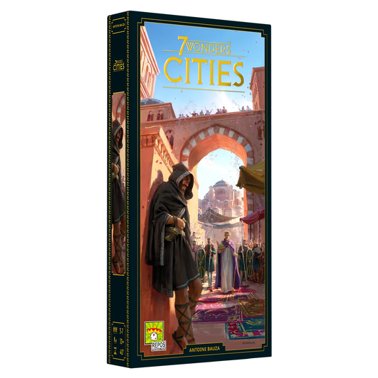 7 Wonders Cities board game, Cities expansion edition with hooded figure and city illustration on the box.