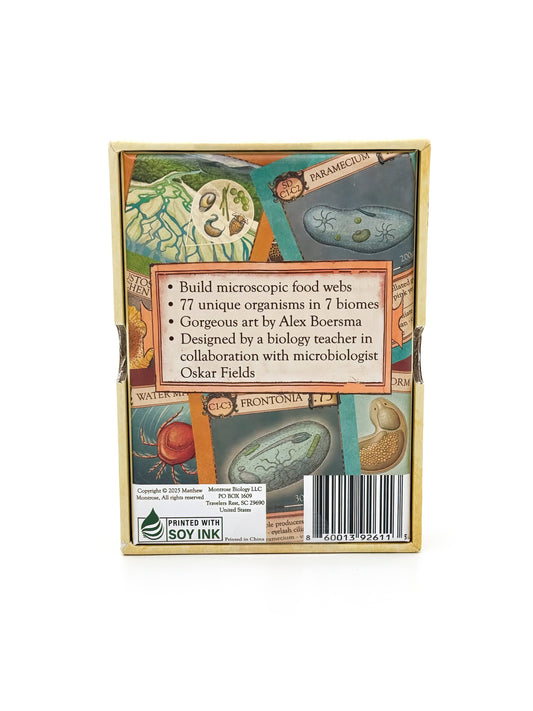 Back of Ecologies: Marvelous Microbes game box showing microbes, features list, art credits, and collaborators.