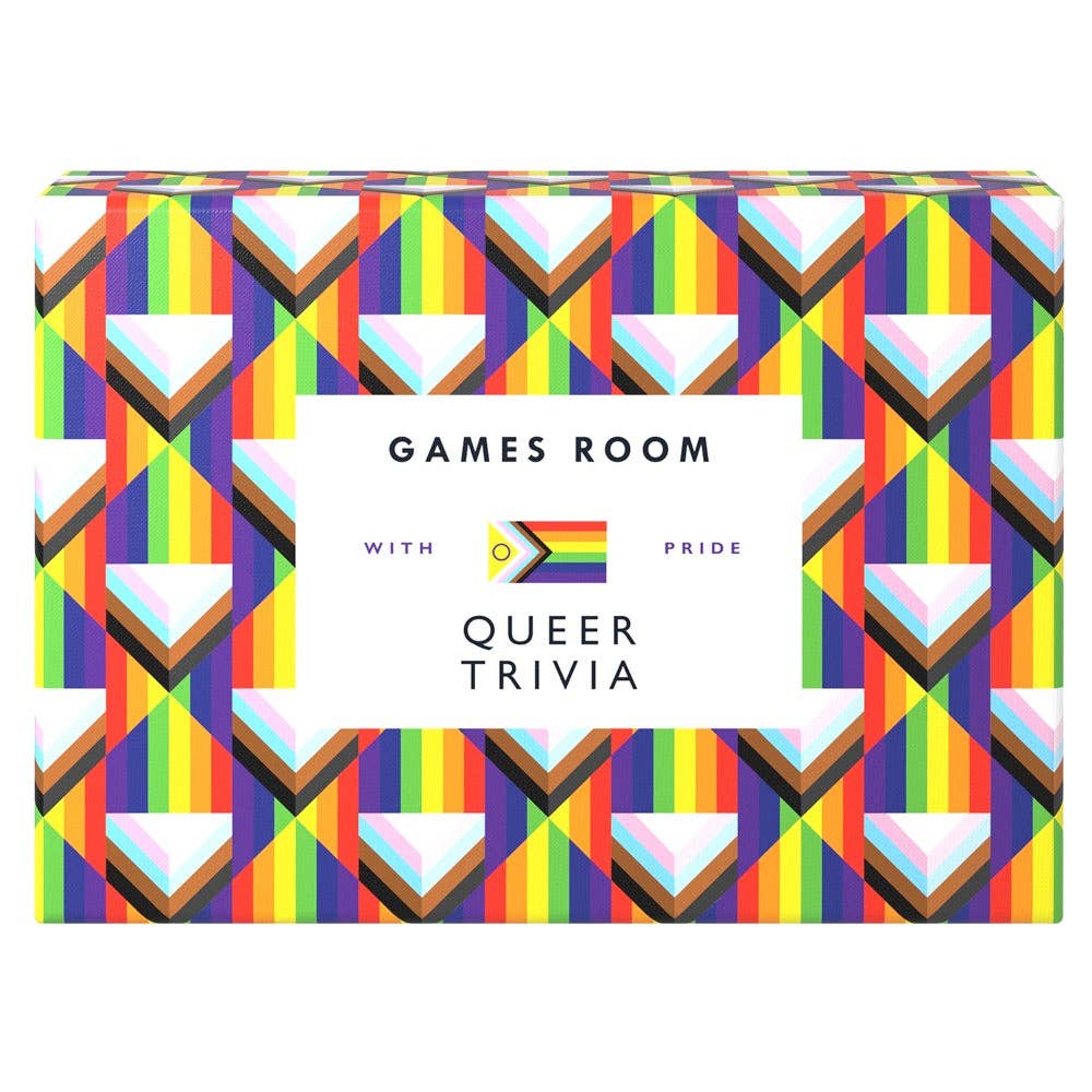 Queer Trivia pride game night box featuring rainbow design, Progress Pride flag, and LGBTQIA+ trivia theme.