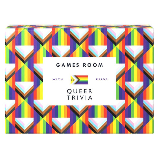 Queer Trivia pride game night box featuring rainbow design, Progress Pride flag, and LGBTQIA+ trivia theme.