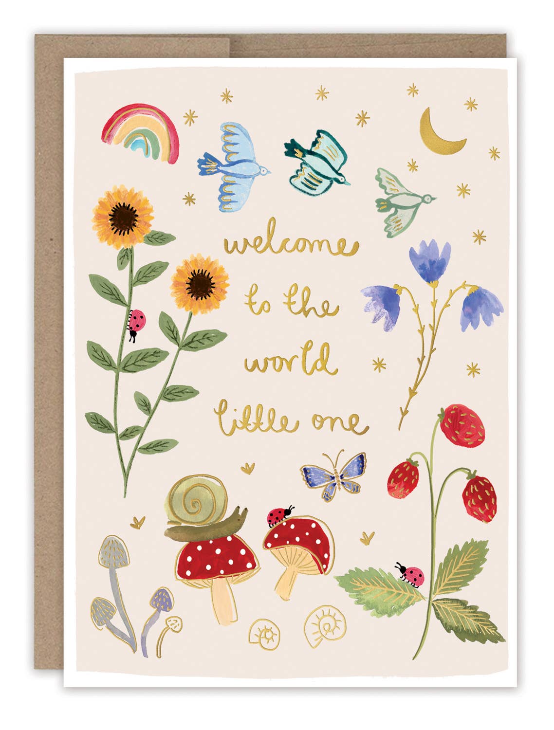 Welcome To The World Baby Card with “welcome to the world little one” text, flowers, birds, and a rainbow.