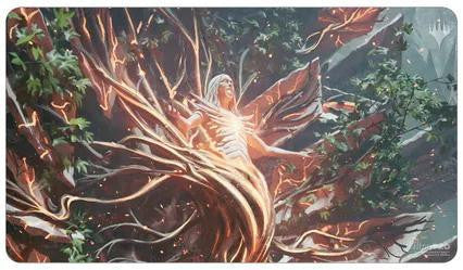Wrenn and Realmbreaker Playmat MOM for Magic: The Gathering featuring a glowing figure in flowing robes and vines.
