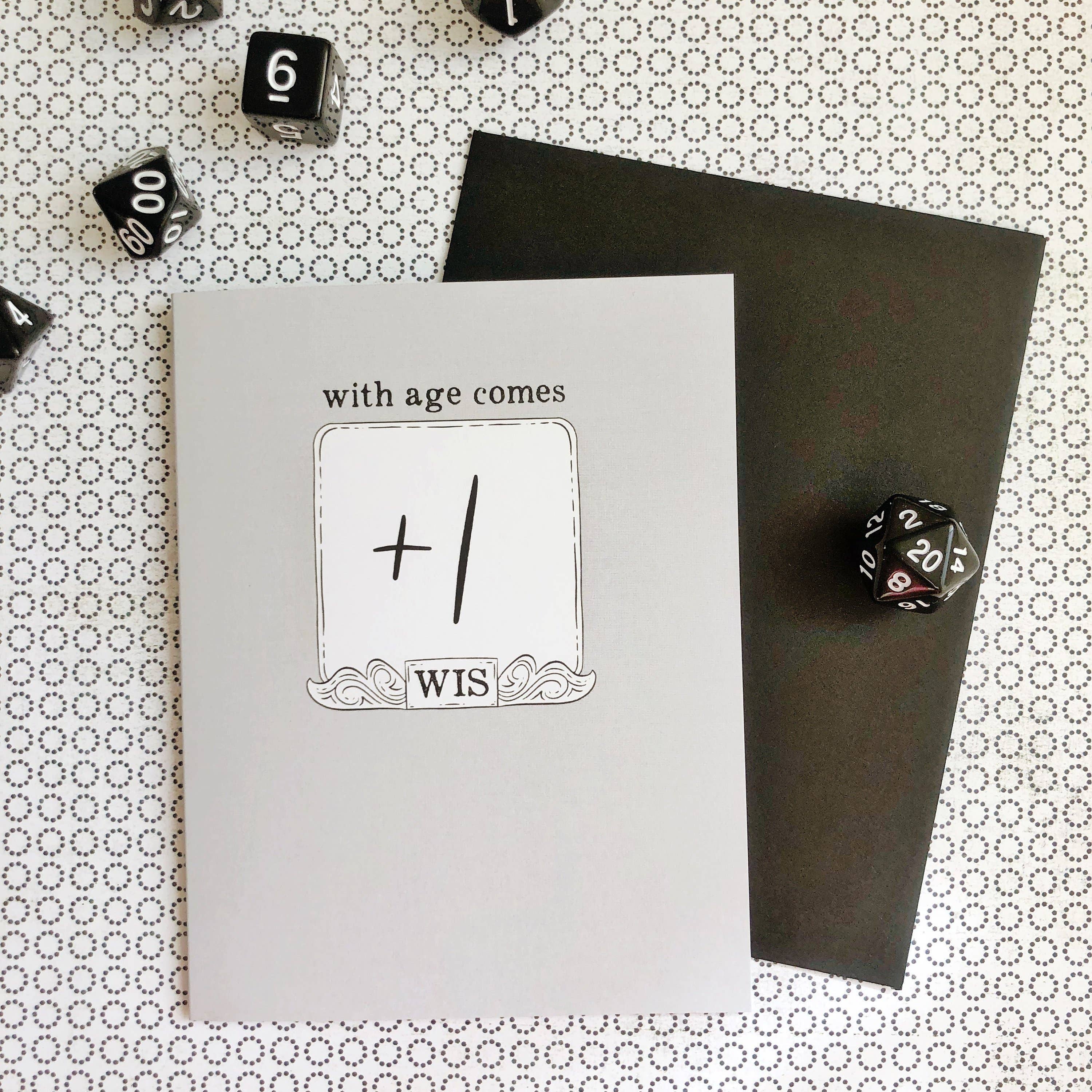 With age comes +1 WIS D&D birthday card (A5) with black envelope and dice.
