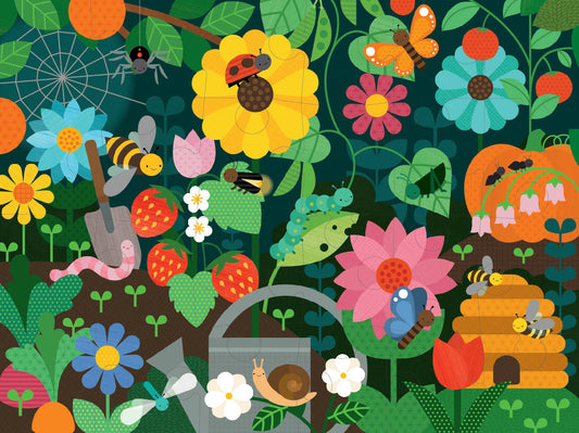 Secret Garden 24-piece floor puzzle featuring flowers, insects, strawberries, beehive, spider web, and snail in a basket.