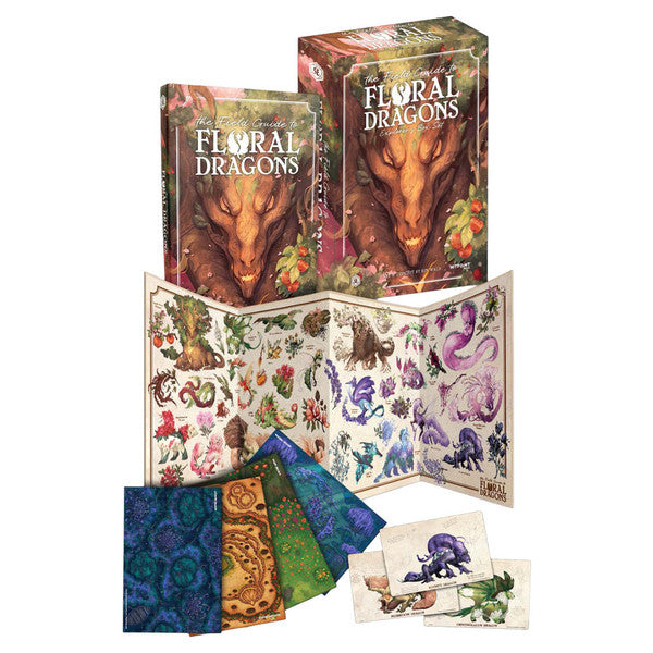 The Field Guide to Floral Dragons Box Set with rulebook, art prints, illustrated box, and colorful game boards.