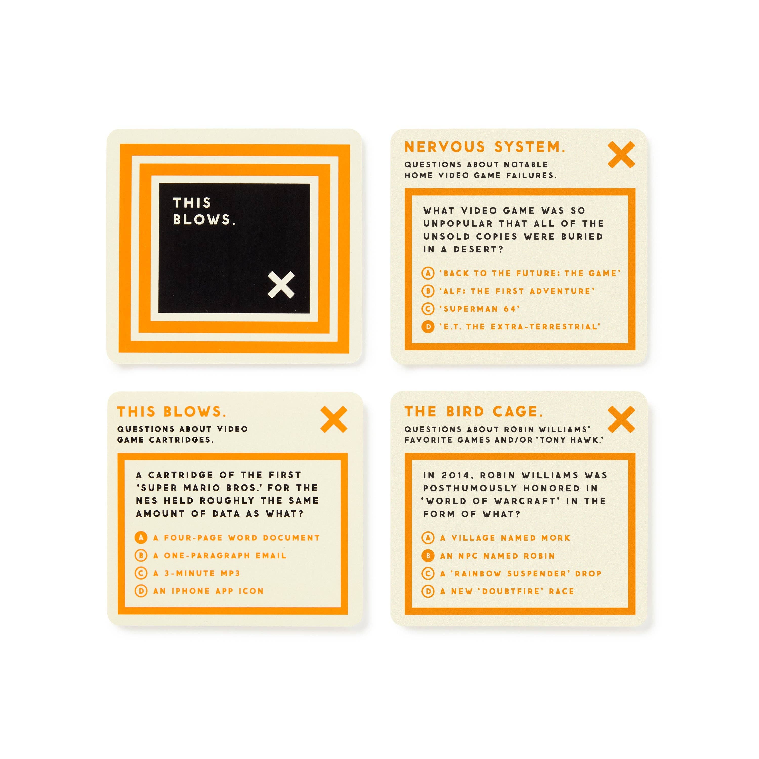 Brass Monkey Bizarre Video Game Trivia, four orange-bordered cards with video game-themed questions.