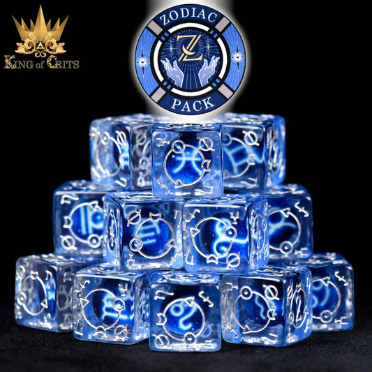 Zodiac Pack 12D6 Dice Set featuring blue glow-in-the-dark zodiac dice, stacked.