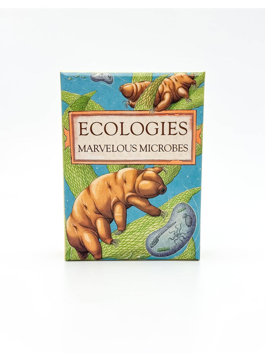 Ecologies: Marvelous Microbes game box with images of tardigrades and microbes on a blue background.