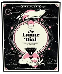 The Lunar Dial astrology board game box with hands around a dial on the cover.