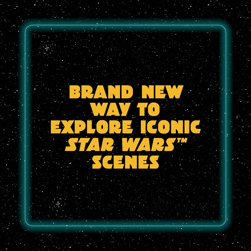Yellow text: Discover Star Wars Mazes—explore iconic scenes—on a starry black background.