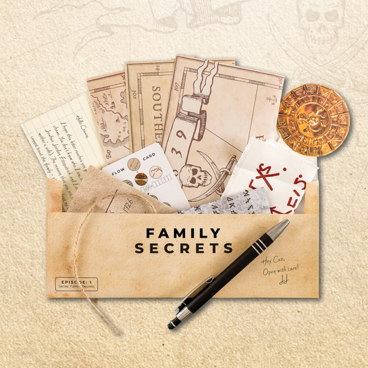 Family Secrets (Ep. 1 of 12) escape game with maps, notes, clues, and a gold coin in an envelope.